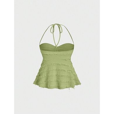 Women's Peplum Halter Crop Tops Drawstring Tie Ruched Solid Dressy Casual Spaghetti Strap Cami Top