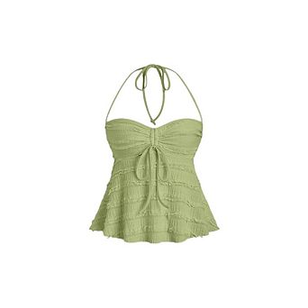 Women's Peplum Halter Crop Tops Drawstring Tie Ruched Solid Dressy Casual Spaghetti Strap Cami Top
