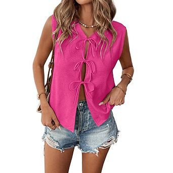 Women's Sleeveless Knit Vest Tie Front Crochet Top Casual Sleeveless Solid Color Short Cardigan