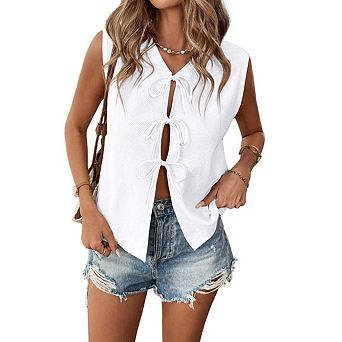 Women's Sleeveless Knit Vest Tie Front Crochet Top Casual Sleeveless Solid Color Short Cardigan