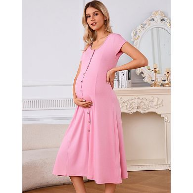 Women's U-Neck Maternity Dress with Short Sleeves Button Front
