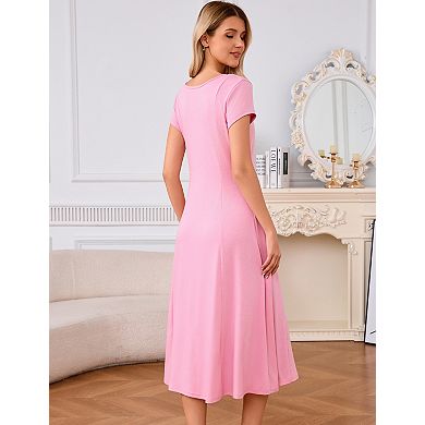 Women's U-Neck Maternity Dress with Short Sleeves Button Front