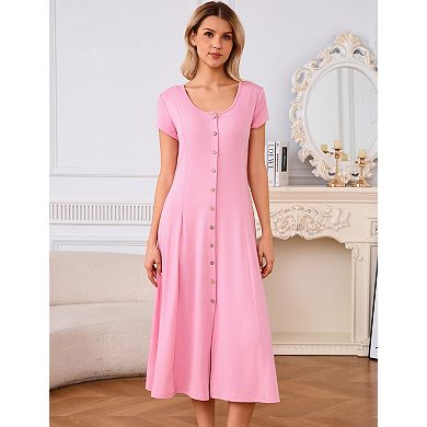 Women's U-Neck Maternity Dress with Short Sleeves Button Front