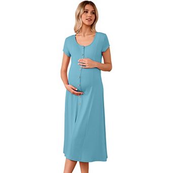 Women's U-Neck Maternity Dress with Short Sleeves Button Front