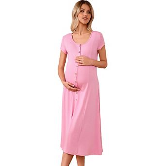 Women's U-Neck Maternity Dress with Short Sleeves Button Front
