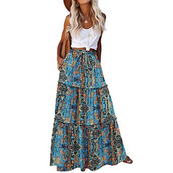 Zeagoo Women's High Waisted Flowy A Line Tiered Maxi Skirts with Pockets Casual Skirts
