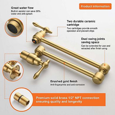 Wall Mounted Double Handle 1.8 GPM Pot Filler with 2 Built-in Ceramic Cartridge