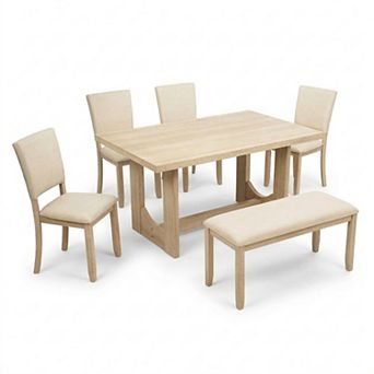 GOMYHOME 5 pc Dining Table Set with Bench, Upholstered Chairs, Natural Wood Finish
