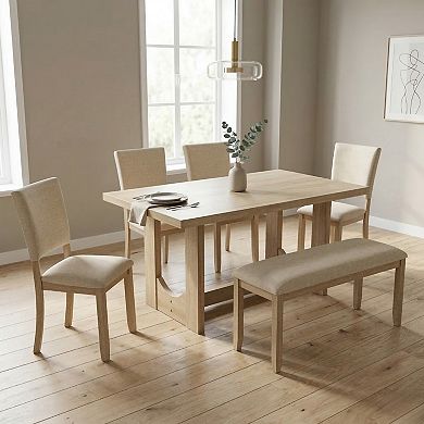 GOMYHOME 5-Piece Dining Table Set with Bench, Upholstered Chairs, Natural Wood Finish