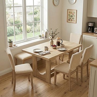 GOMYHOME 5-Piece Dining Table Set with Bench, Upholstered Chairs, Natural Wood Finish