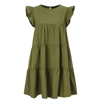 Women's Ruffled Cap Sleeve Tiered Babydoll Dress, Round Neck Flowy A-Line Dress