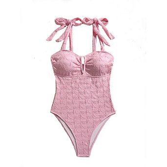 Women's One Piece Swimsuit V Neck Bow Tie Shoulder Solid Color Summer Beach Bathing Suit