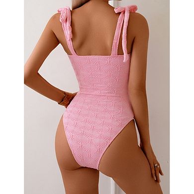 Women's One Piece Swimsuit V Neck Bow Tie Shoulder Solid Color Summer Beach Bathing Suit