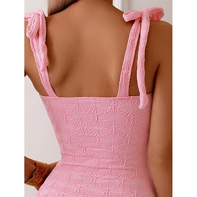 Women's One Piece Swimsuit V Neck Bow Tie Shoulder Solid Color Summer Beach Bathing Suit