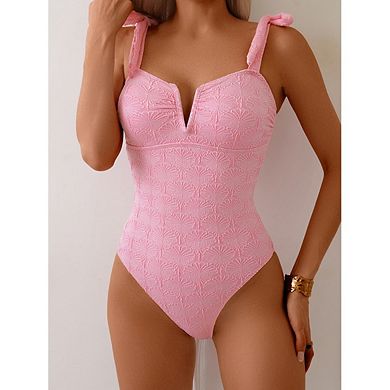 Women's One Piece Swimsuit V Neck Bow Tie Shoulder Solid Color Summer Beach Bathing Suit