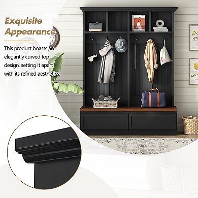 KWPZQEB 4-in-1 Hall Tree Farmhouse Coat Rack with Grain Bench & 6 Hooks for Hallway