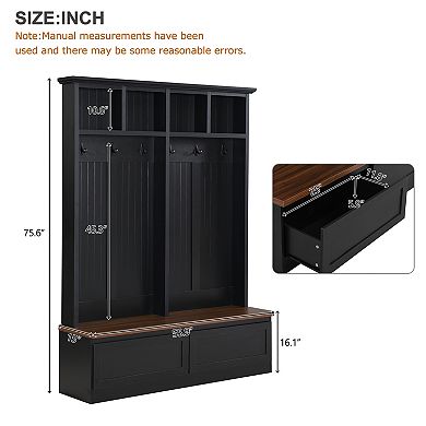 KWPZQEB 4-in-1 Hall Tree Farmhouse Coat Rack with Grain Bench & 6 Hooks for Hallway