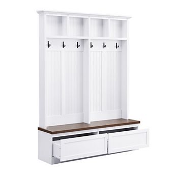 KWPZQEB 4-in-1 Hall Tree Farmhouse Coat Rack with Grain Bench & 6 Hooks for Hallway