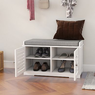 Shoe Storage Bench with Cushioned Seat, 2 Barn Doors, for Entryway Living Room
