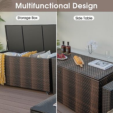 96 Gallon Outdoor Deck Box PE Wicker Storage Box With Wheels And Gas Strut