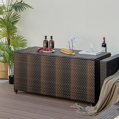 96 Gallon Outdoor Deck Box PE Wicker Storage Box With Wheels And Gas Strut