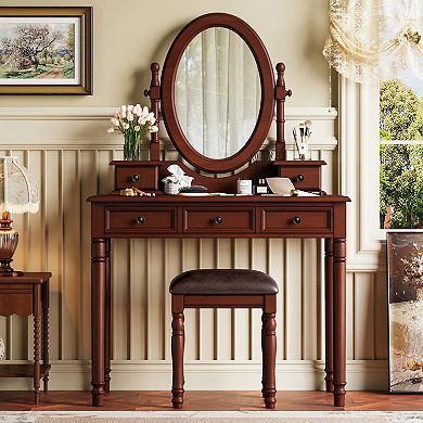 KWPZQEB Mid Century Modern Vanity Desk Set with Adjustable Angle Mirror & Cushioned Stool