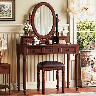 KWPZQEB Mid Century Modern Vanity Desk Set with Adjustable Angle Mirror & Cushioned Stool