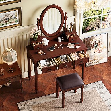 KWPZQEB Mid Century Modern Vanity Desk Set with Adjustable Angle Mirror & Cushioned Stool