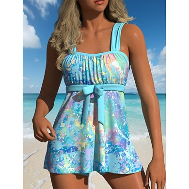 Women's 2-Piece Tankini Set - Splatter Print Wide Strap Dress Top & High-Waisted Boyshorts