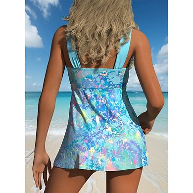 Women's 2-Piece Tankini Set - Splatter Print Wide Strap Dress Top & High-Waisted Boyshorts