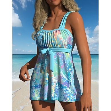 Women's 2-Piece Tankini Set - Splatter Print Wide Strap Dress Top & High-Waisted Boyshorts