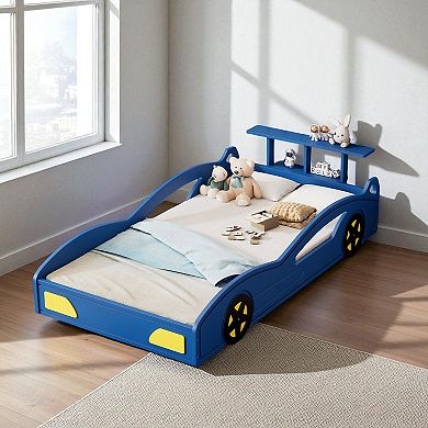 Heybly Twin size Race Car Bed with Safety Rails, Storage Rack, and Solid MDF Frame for Kids Bedroom