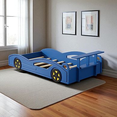 Heybly Twin size Race Car Bed with Safety Rails, Storage Rack, and Solid MDF Frame for Kids Bedroom