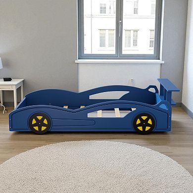 Heybly Twin size Race Car Bed with Safety Rails, Storage Rack, and Solid MDF Frame for Kids Bedroom
