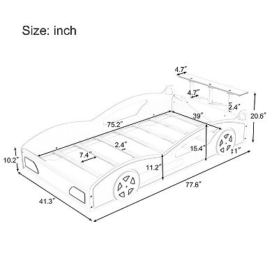 Heybly Twin size Race Car Bed with Safety Rails, Storage Rack, and Solid MDF Frame for Kids Bedroom