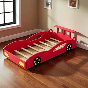 Heybly Twin size Race Car Bed with Safety Rails, Storage Rack, and Solid MDF Frame for Kids Bedroom