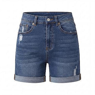 Ladies' Casual High Rise Denim Shorts Cotton Cuffed Distressed Shorts