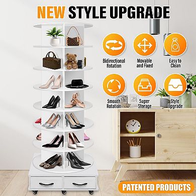 7 Tier Rotating Shoe Rack Tower With 2 Drawers 5 Wheels Space Saving Shoe Organizer 1 Piece