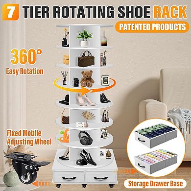 7 Tier Rotating Shoe Rack Tower With 2 Drawers 5 Wheels Space Saving Shoe Organizer 1 Piece