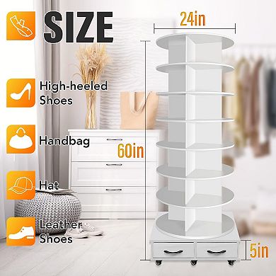 7 Tier Rotating Shoe Rack Tower With 2 Drawers 5 Wheels Space Saving Shoe Organizer 1 Piece