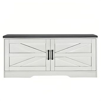 Double-Tier Storage Bench with Cushion, 2 Barn Doors & 2 Adjustable Shelves, Farmhouse Style