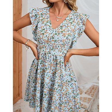 Women's V-Neck Ruffled Cap Sleeve Mini Dress Open Back Floral Print A-Line Dress