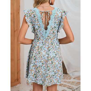 Women's V-Neck Ruffled Cap Sleeve Mini Dress Open Back Floral Print A-Line Dress