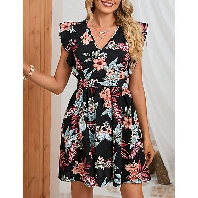 Women's V-Neck Ruffled Cap Sleeve Mini Dress Open Back Floral Print A-Line Dress