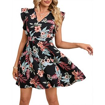 Women's V-Neck Ruffled Cap Sleeve Mini Dress Open Back Floral Print A-Line Dress