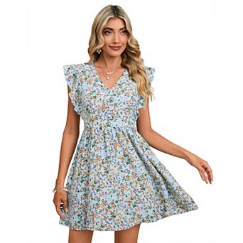 Women's V-Neck Ruffled Cap Sleeve Mini Dress Open Back Floral Print A-Line Dress