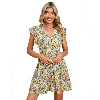 Women's V-Neck Ruffled Cap Sleeve Mini Dress Open Back Floral Print A-Line Dress