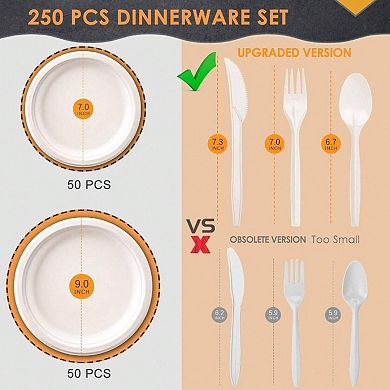 Compostable Dinnerware Kit: 250pcs Eco Friendly Plates, Cutlery for Parties