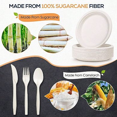 Compostable Dinnerware Kit: 250pcs Eco Friendly Plates, Cutlery for Parties
