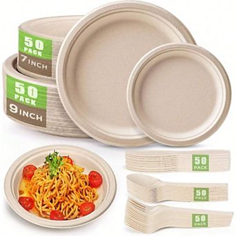 Compostable Dinnerware Kit: 250 pc Eco Friendly Plates, Cutlery for Parties